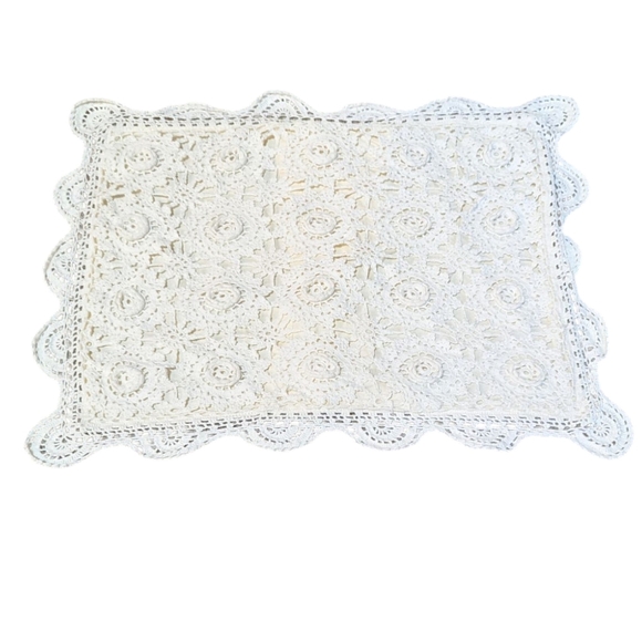 Pillow Sham Cream Crochet Lace and Rosette Overlay Cotton Ivory Retro Handmade - Picture 1 of 4